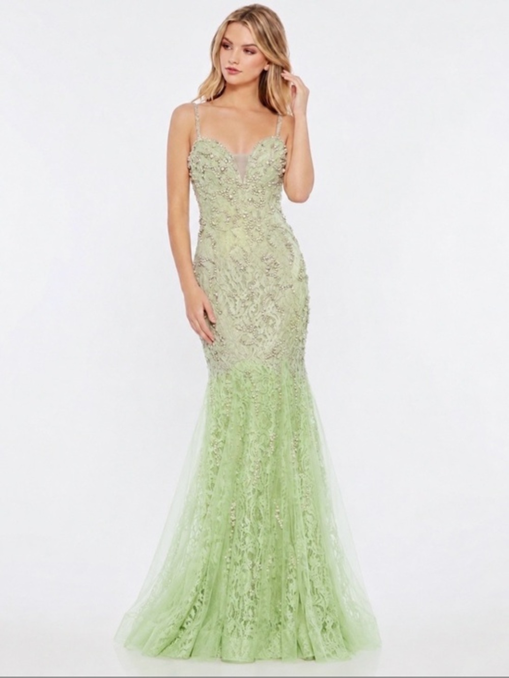 Jovani Mint Green Lace Tulle Pearl Rhinestone Mermaid Formal Dress NWT 6 Y2K